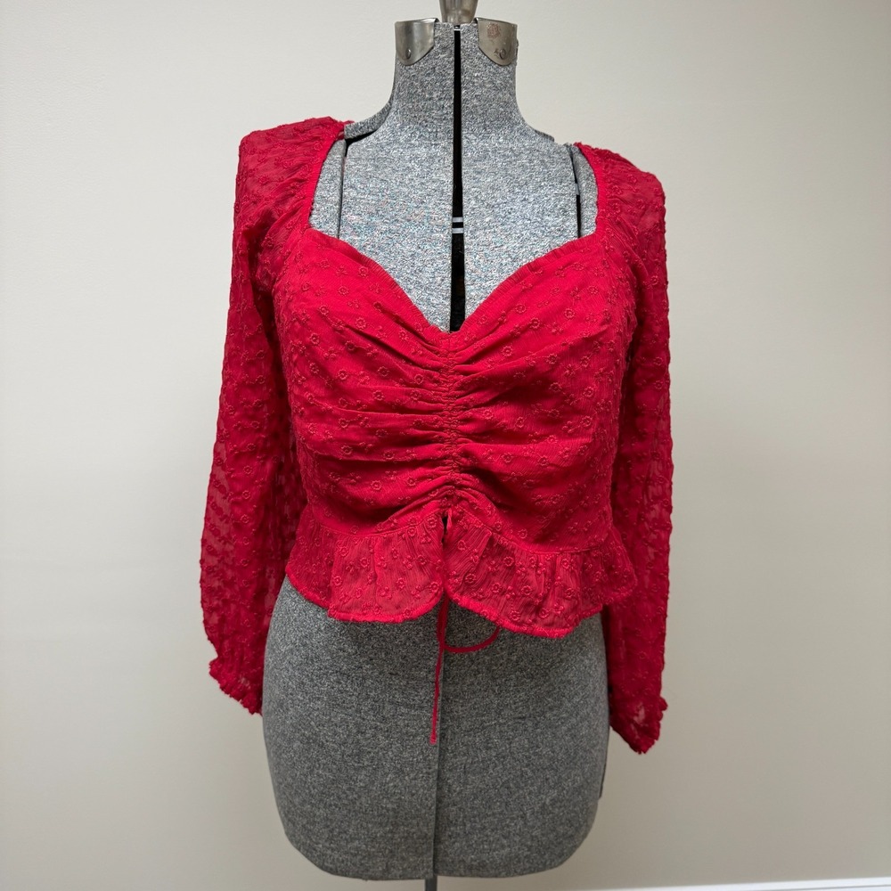 Hollister Ruched Smocked Crop Top Womens XL Red Swiss Dot Floral Country Western